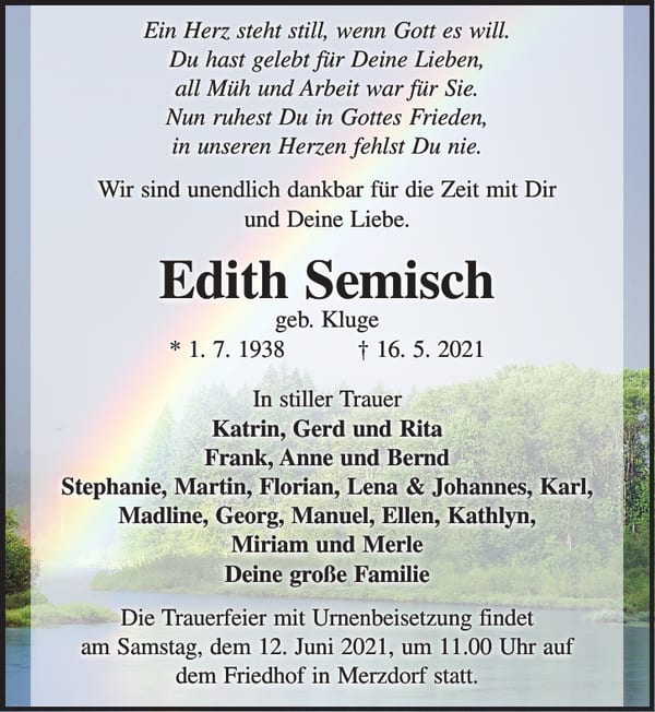 Traueranzeige Edith Semisch, geb. Kluge