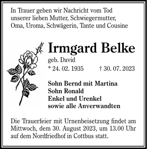 Traueranzeige Irmgard Belke, geb. David