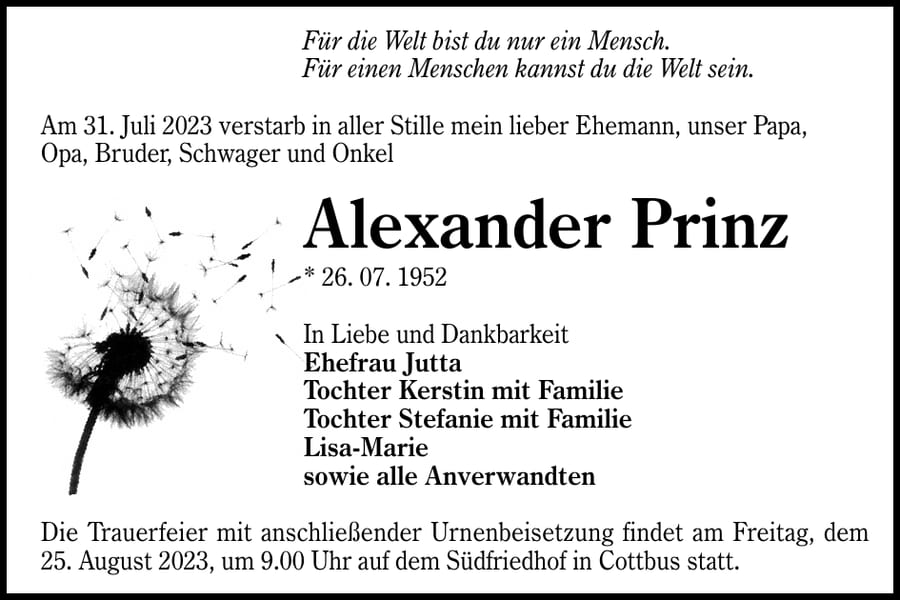 Traueranzeige Alexander Prinz
