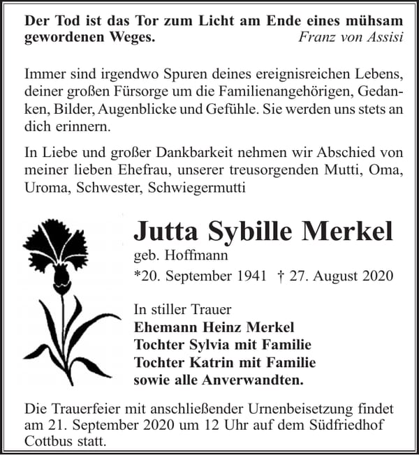 Traueranzeige Jutta Sybille Merkel, geb. Hoffmann