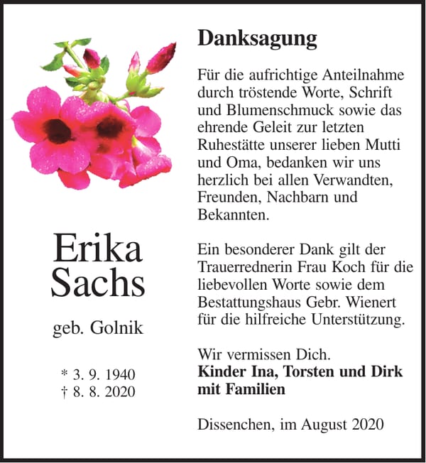 Traueranzeige Erika Sachs, geb. Golnik