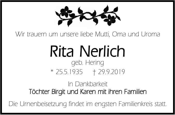 Traueranzeige Rita Nerlich, geb. Hering