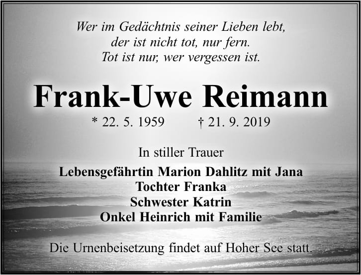 Traueranzeige Frank-Uwe Reimann