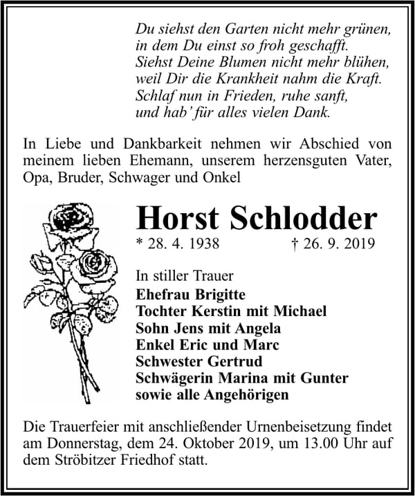 Traueranzeige Horst Schlodder
