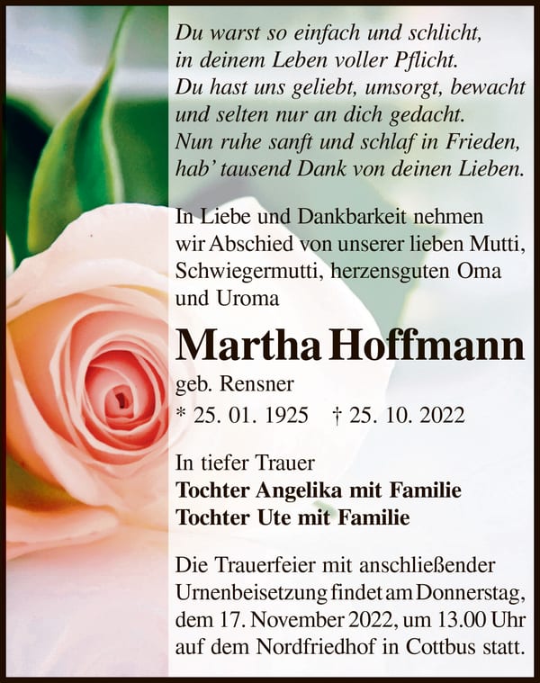 Traueranzeige Martha Hoffmann, geb. Rensner