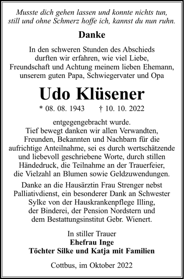 Danksagung Udo Klüsener