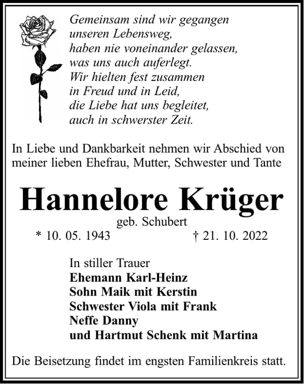 Traueranzeige Hannelore Krüger, geb. Schubert