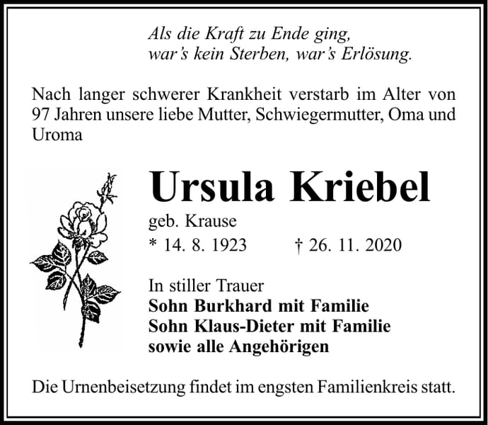 Traueranzeige Ursula Kriebel, geb. Krause