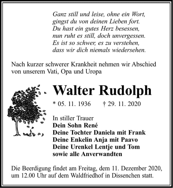 Traueranzeige Walter Rudolph