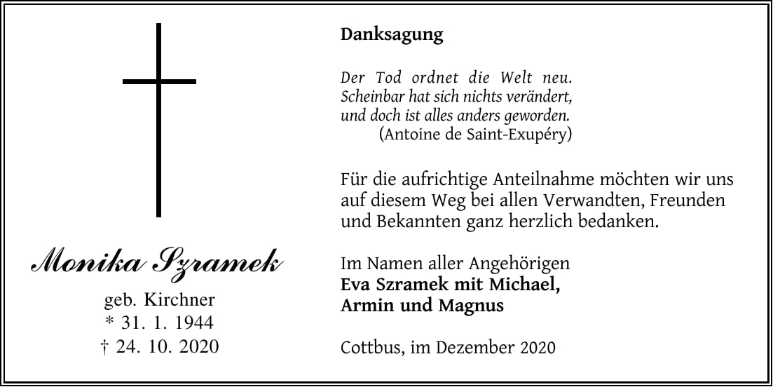 Danksagung Monika Szramek, geb. Kirchner