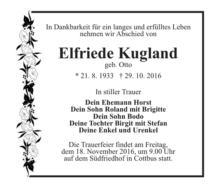 Traueranzeige Elfriede Kugland, geb. Otto