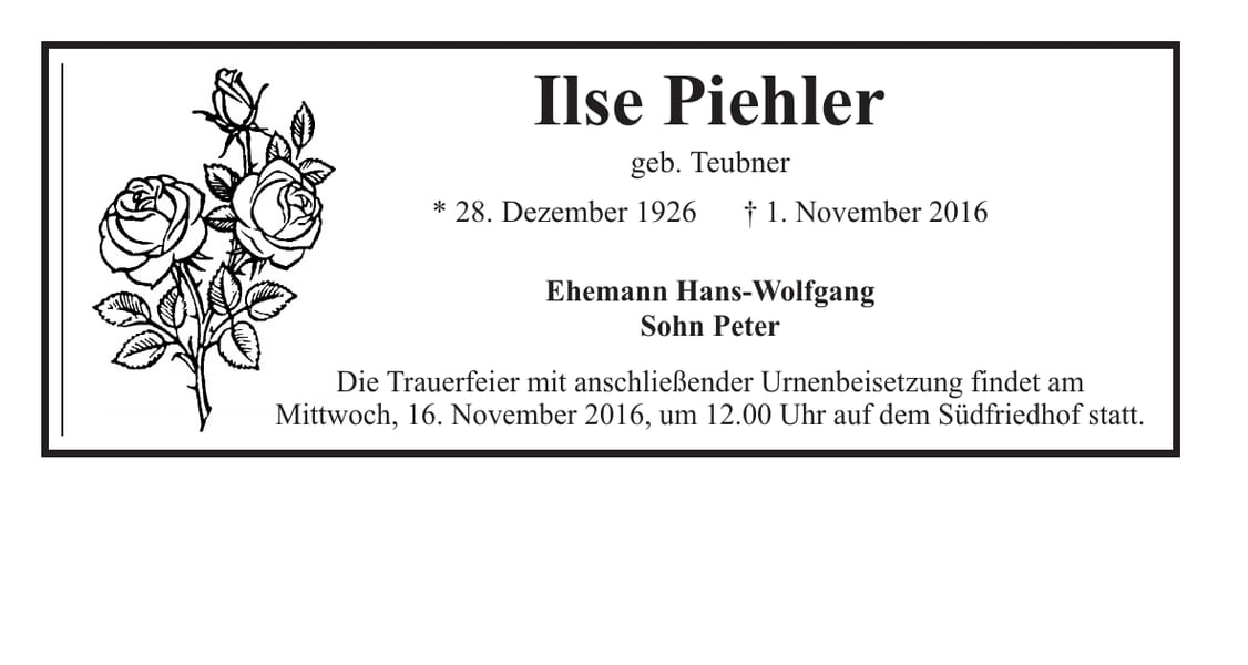 Traueranzeige Ilse Piehler, geb. Teubner
