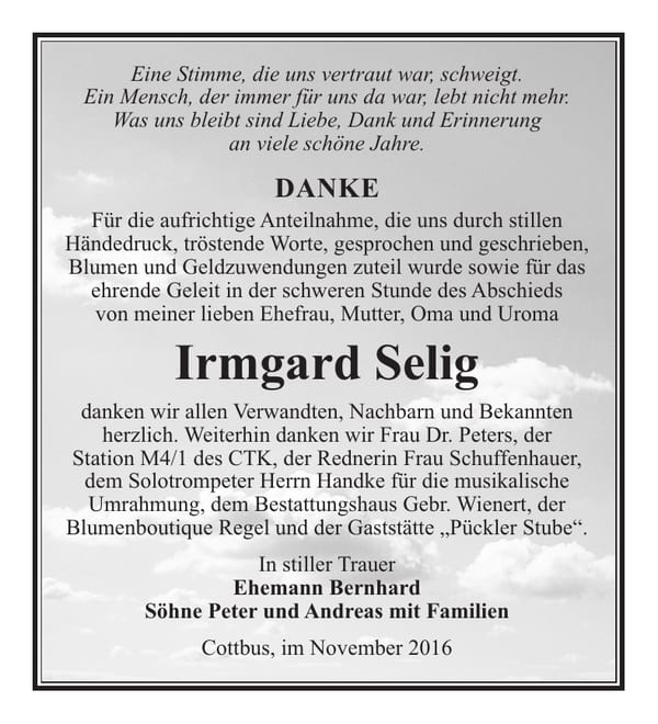 Danksagung Irmgard Selig