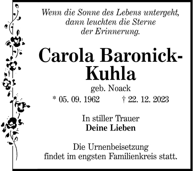 Traueranzeige Carola Baronick-Kuhla, geb. Noack