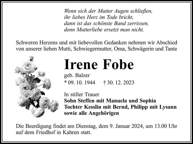 Traueranzeige Irene Fobe, geb. Balzer