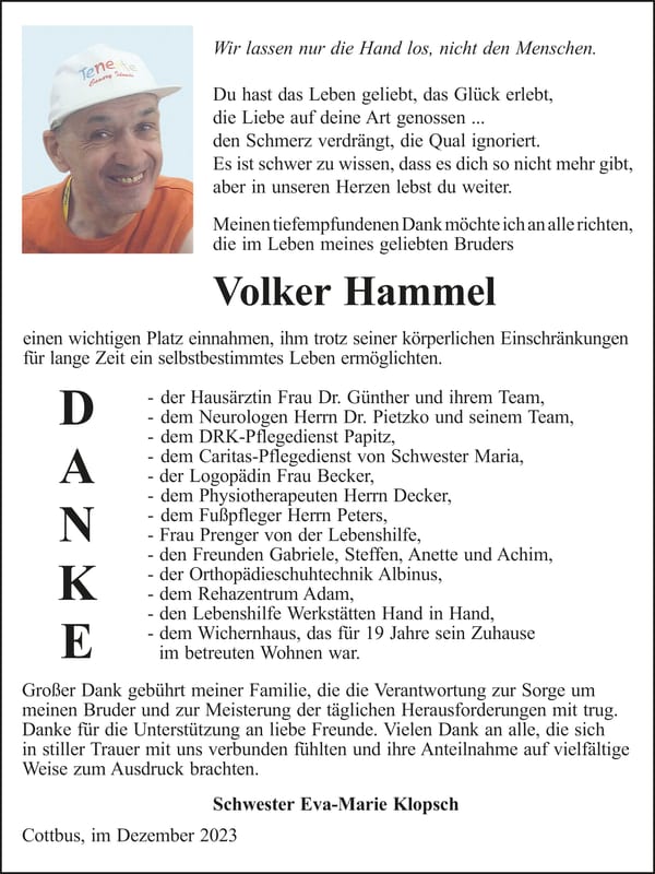 Danksagung Volker Hammel