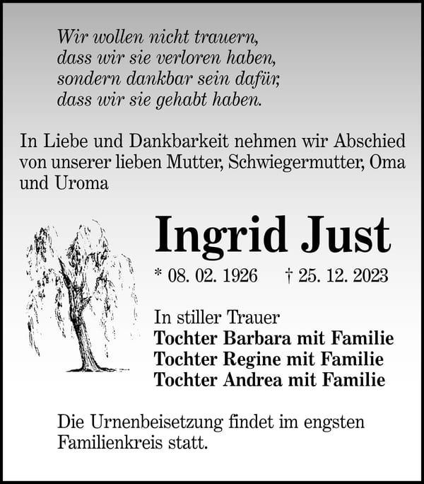 Traueranzeige Ingrid Just
