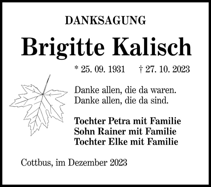 Danksagung Brigitte Kalisch