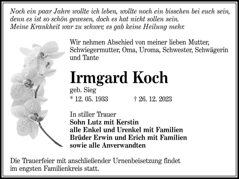 Traueranzeige Irmgard Koch, geb. Sieg