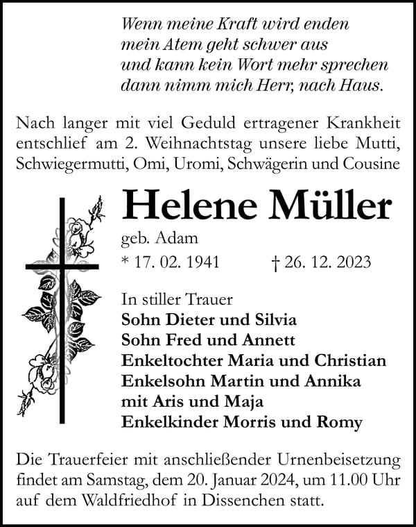 Traueranzeige Helene Müller, geb. Adam