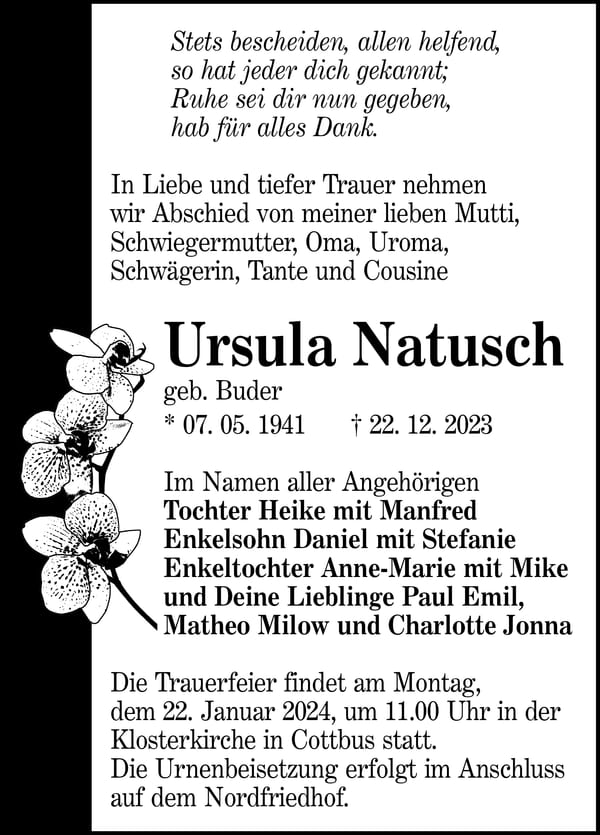 Traueranzeige Ursula Natusch, geb. Buder