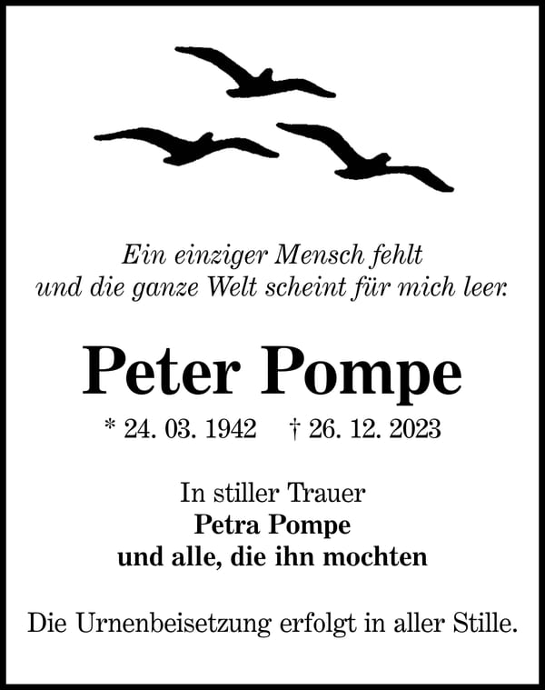 Traueranzeige Peter Pompe
