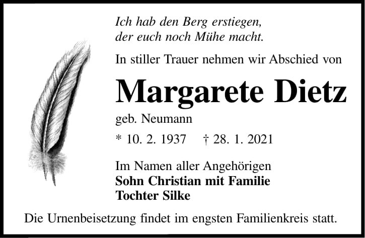 Traueranzeige Margarete Dietz, geb. Neumann