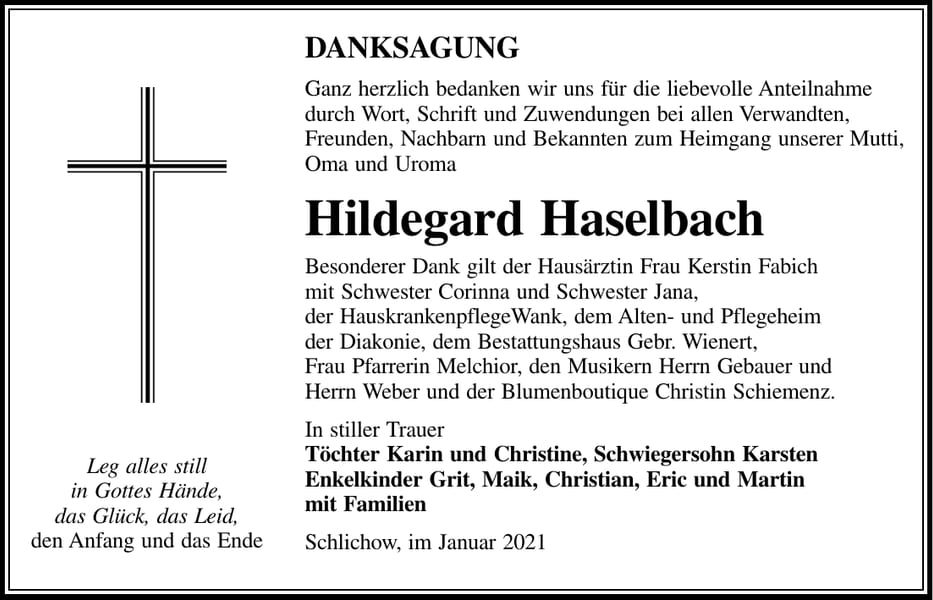 Danksagung Hildegard Haselbach