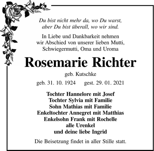 Traueranzeige Rosemarie Richter, geb. Kutschke