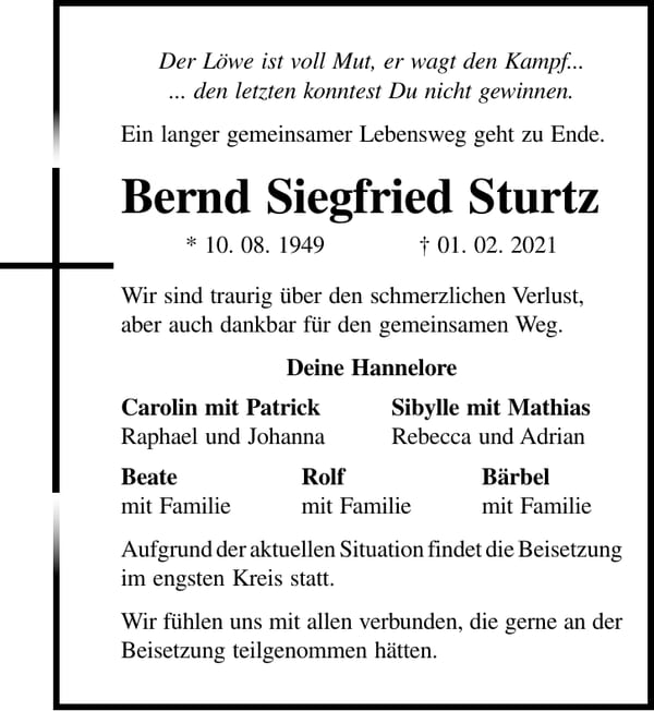 Traueranzeige Bernd Siegfried Sturtz