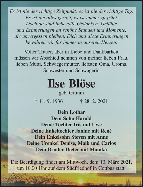 Traueranzeige Ilse Blöse, geb. Grimm