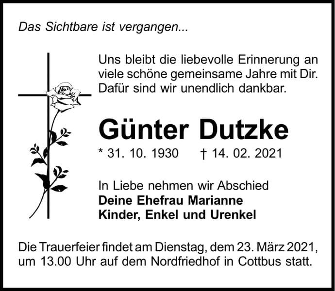 Traueranzeige Günter Dutzke