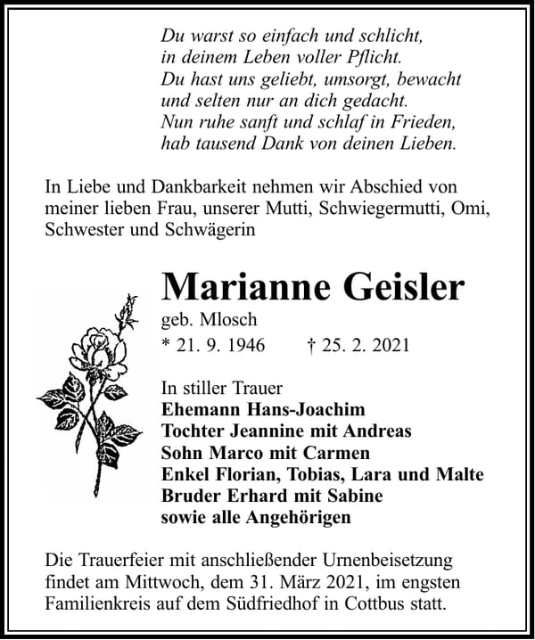 Traueranzeige Marianne Geisler, geb. Mlosch