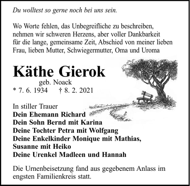Traueranzeige Käthe Gierok, geb. Noack