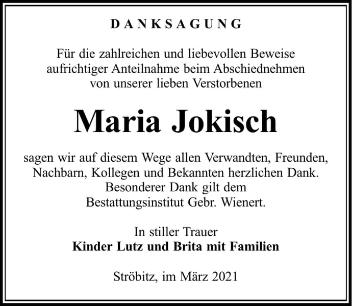 Danksagung Maria Jokisch