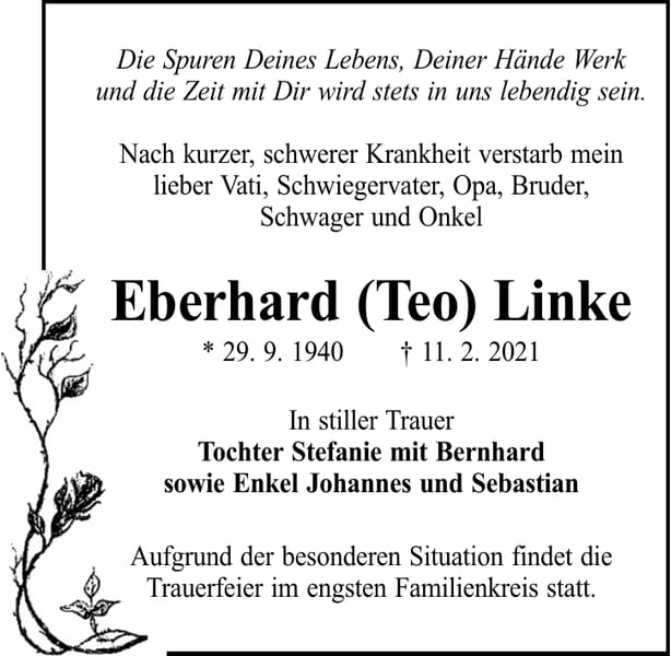 Traueranzeige Eberhard (Teo) Linke