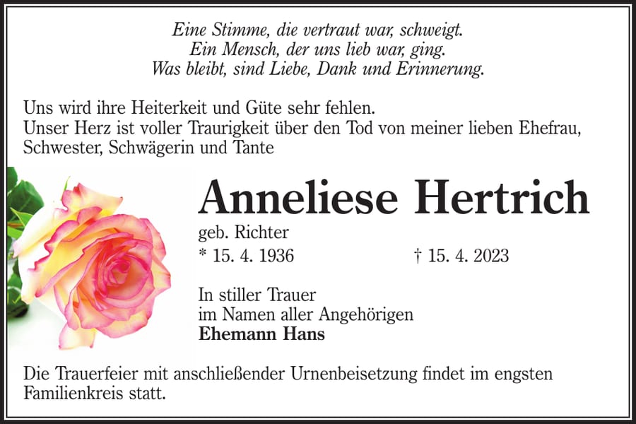 Traueranzeige Anneliese Hertrich, geb. Richter