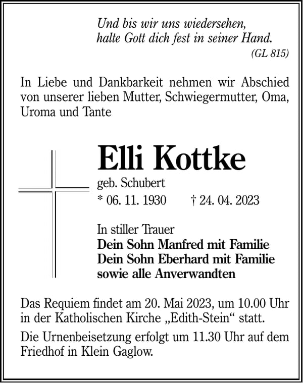 Traueranzeige Elli Kottke, geb. Schubert
