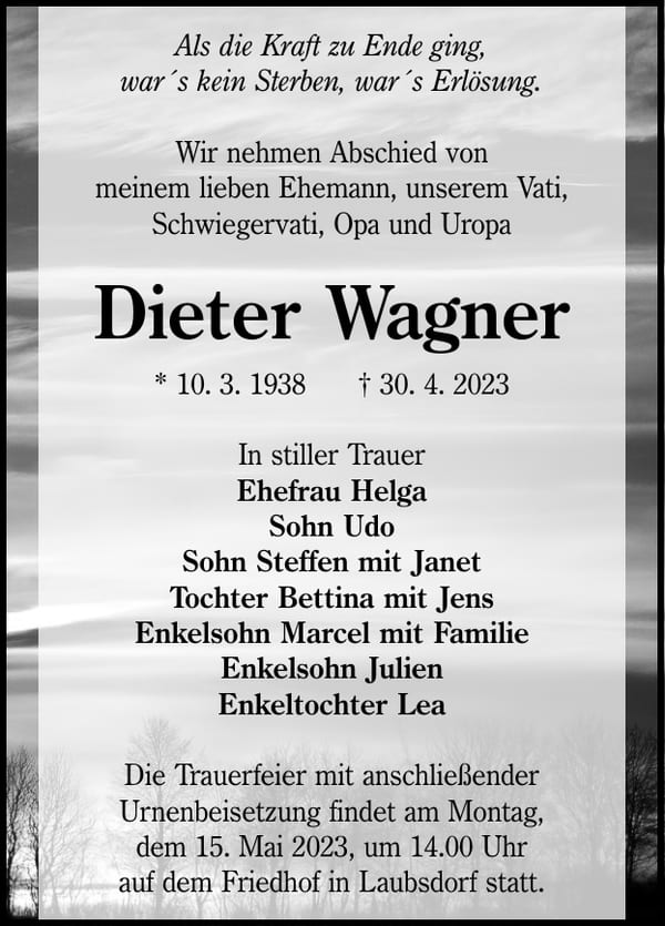 Traueranzeige Dieter Wagner