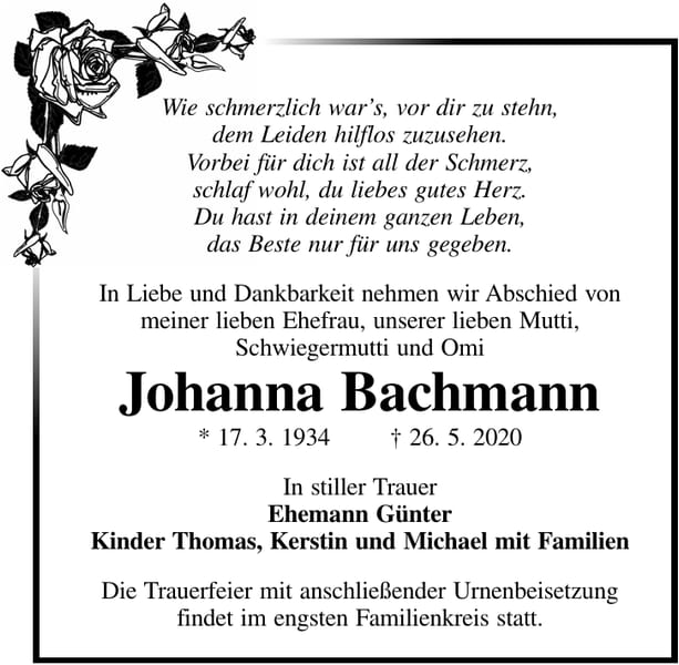 Traueranzeige Johanna Bachmann