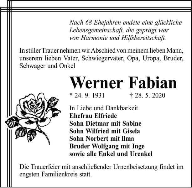 Traueranzeige Werner Fabian