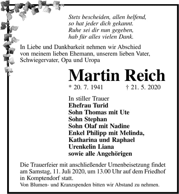 Traueranzeige Martin Reich