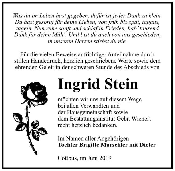 Traueranzeige Ingrid Stein