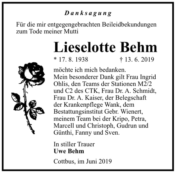 Traueranzeige Lieselotte Behm