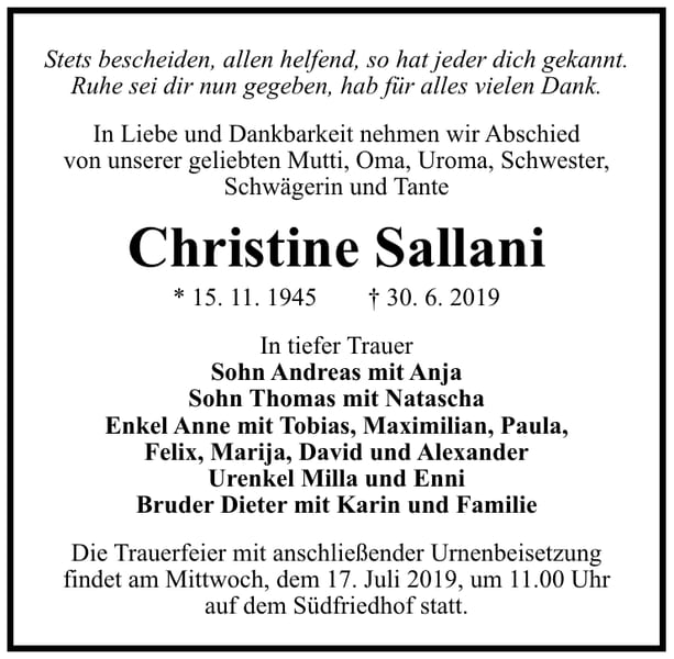 Traueranzeige Christine Sallani