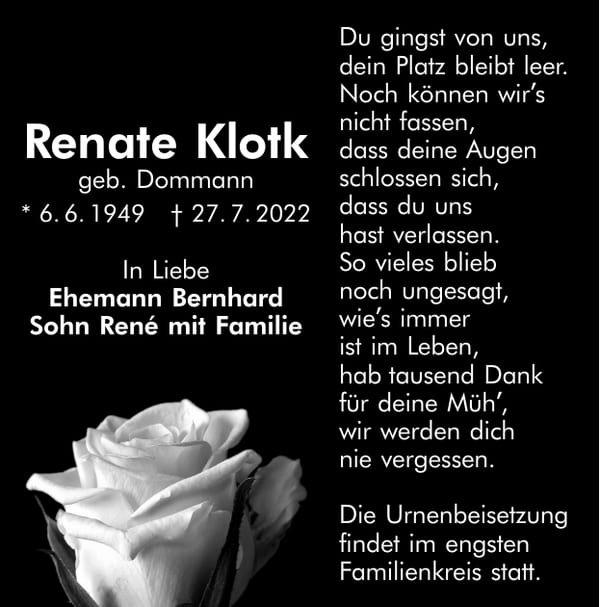 Traueranzeige Renate Klotk, geb. Dommann