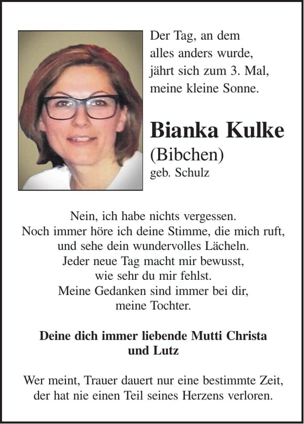 Jahresgedenken Bianka Kulke, geb. Schulz
