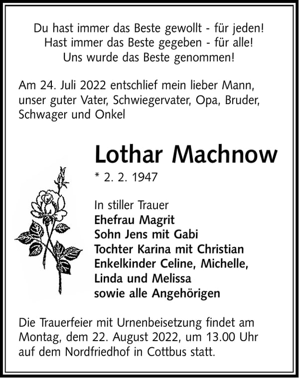 Traueranzeige Lothar Machnow