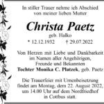 Traueranzeige Christa Paetz, geb. Halko