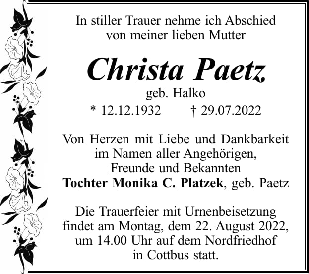 Traueranzeige Christa Paetz, geb. Halko